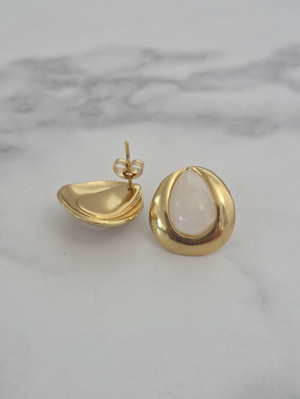 Stainless Steel Gold Tear Drop Earrings White Marble Resin Chic Minimalist - Picture 7 of 14